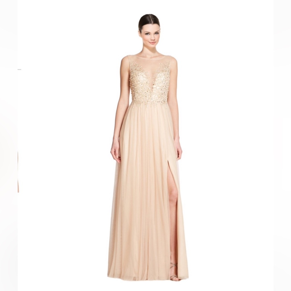 Basix Black Label embellished sequin beaded tulle front slit illusion gown sz.0